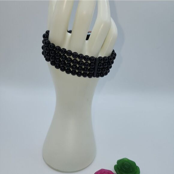 HSN Carved Jade Rose 4-in-1 Bracelet Stretch Onyx Bead Band Magnetic Flower NWOT - Picture 6 of 7